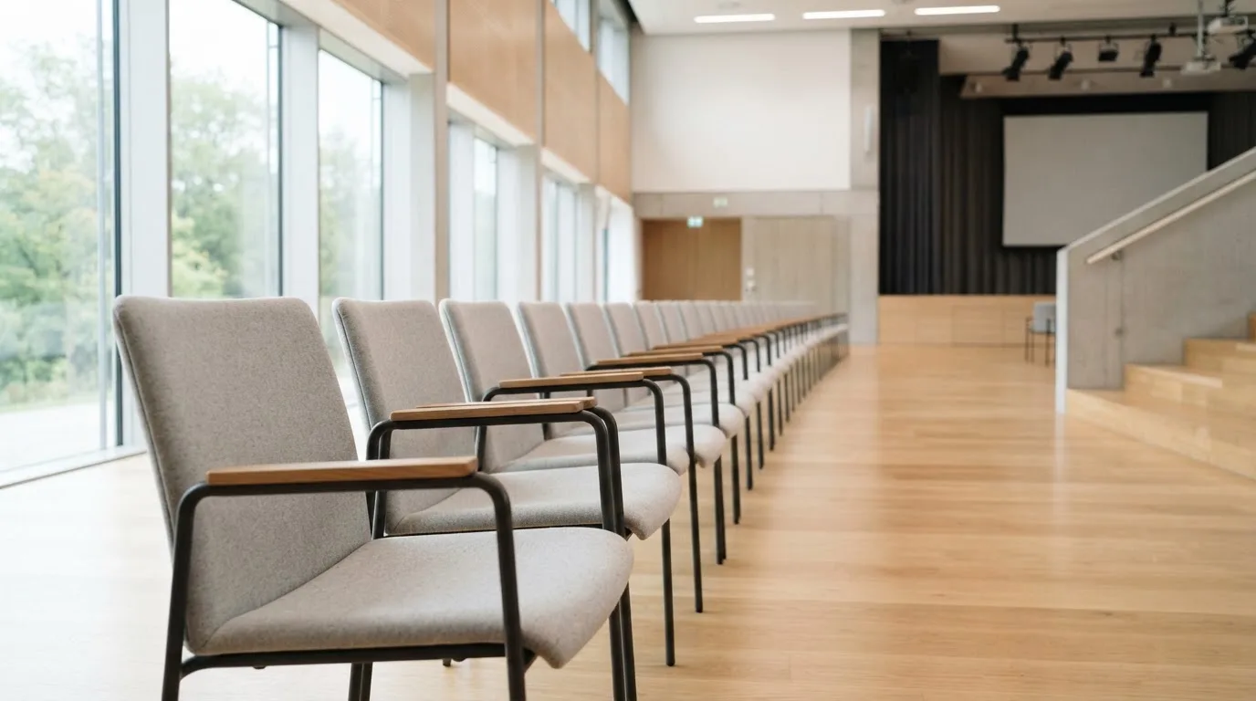 Una fila ordinata di sedie vuote disposte in un auditorium moderno illuminato da ampie finestre.