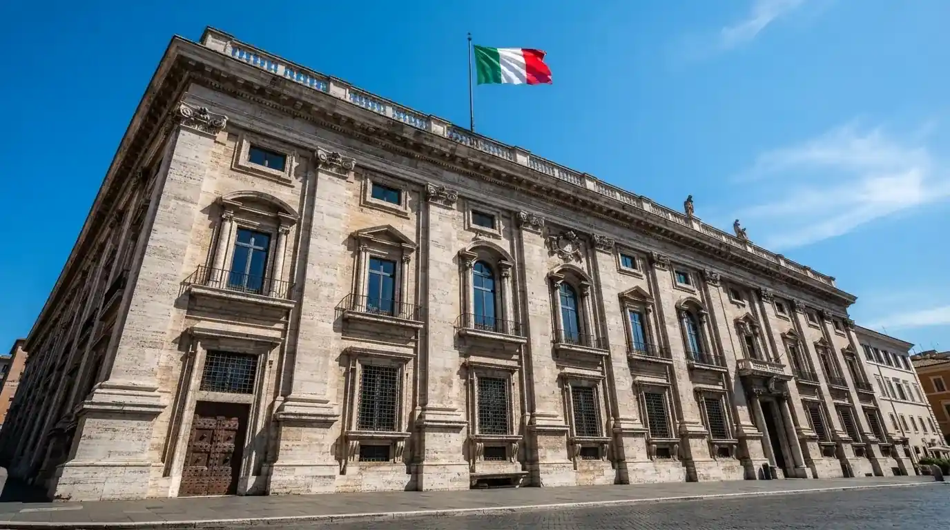 Un edificio governativo italiano con bandiera al vento fotografato dal basso in una giornata di sole.