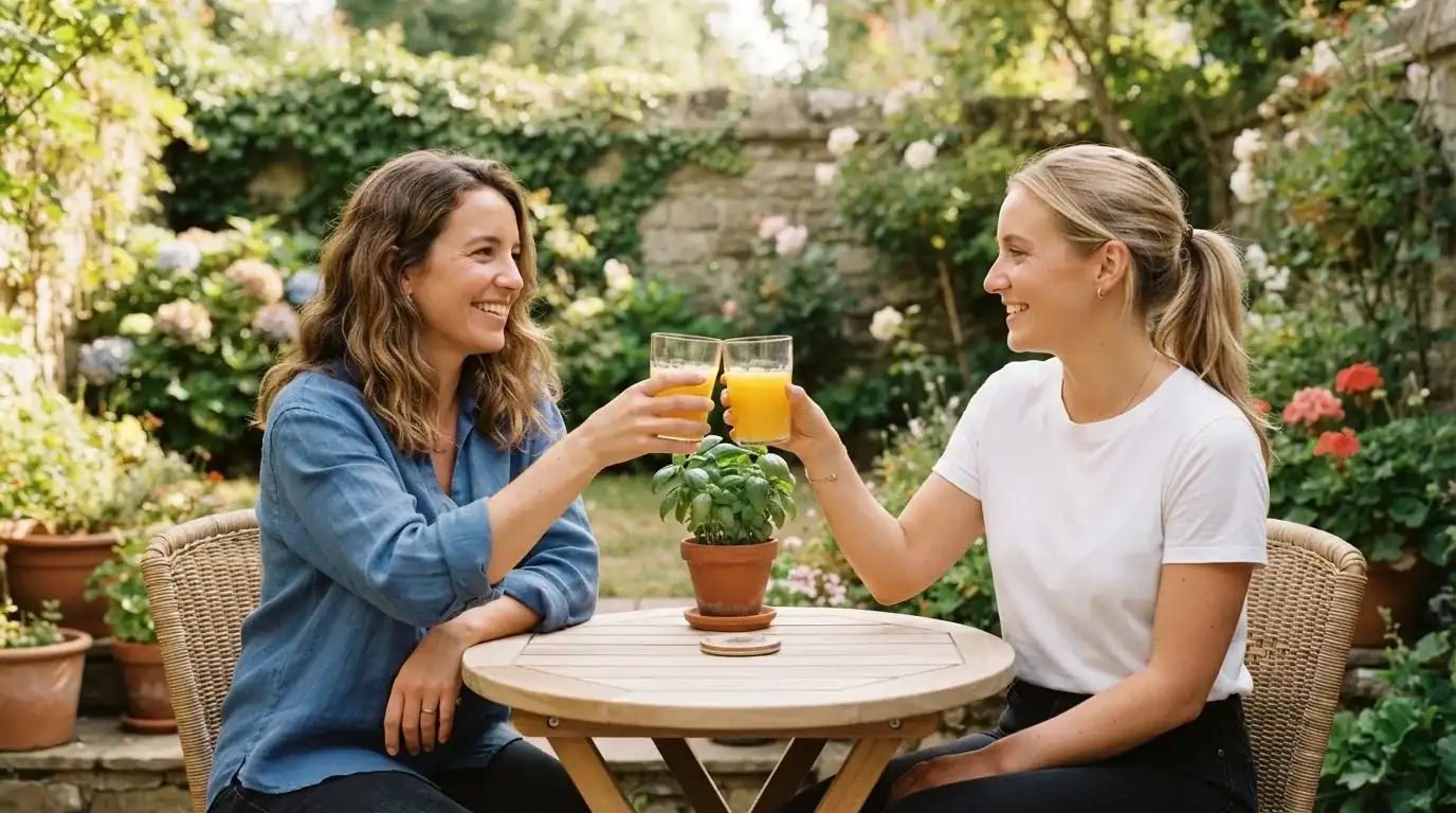 Due amici brindano con bicchieri di succo di frutta seduti a un tavolo da giardino all'aperto.